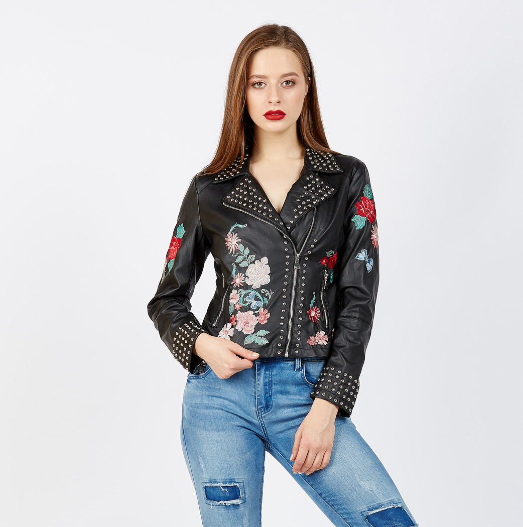 Floral Embroidered Leather Look Jacket With Studs | Esmerize Boutique
