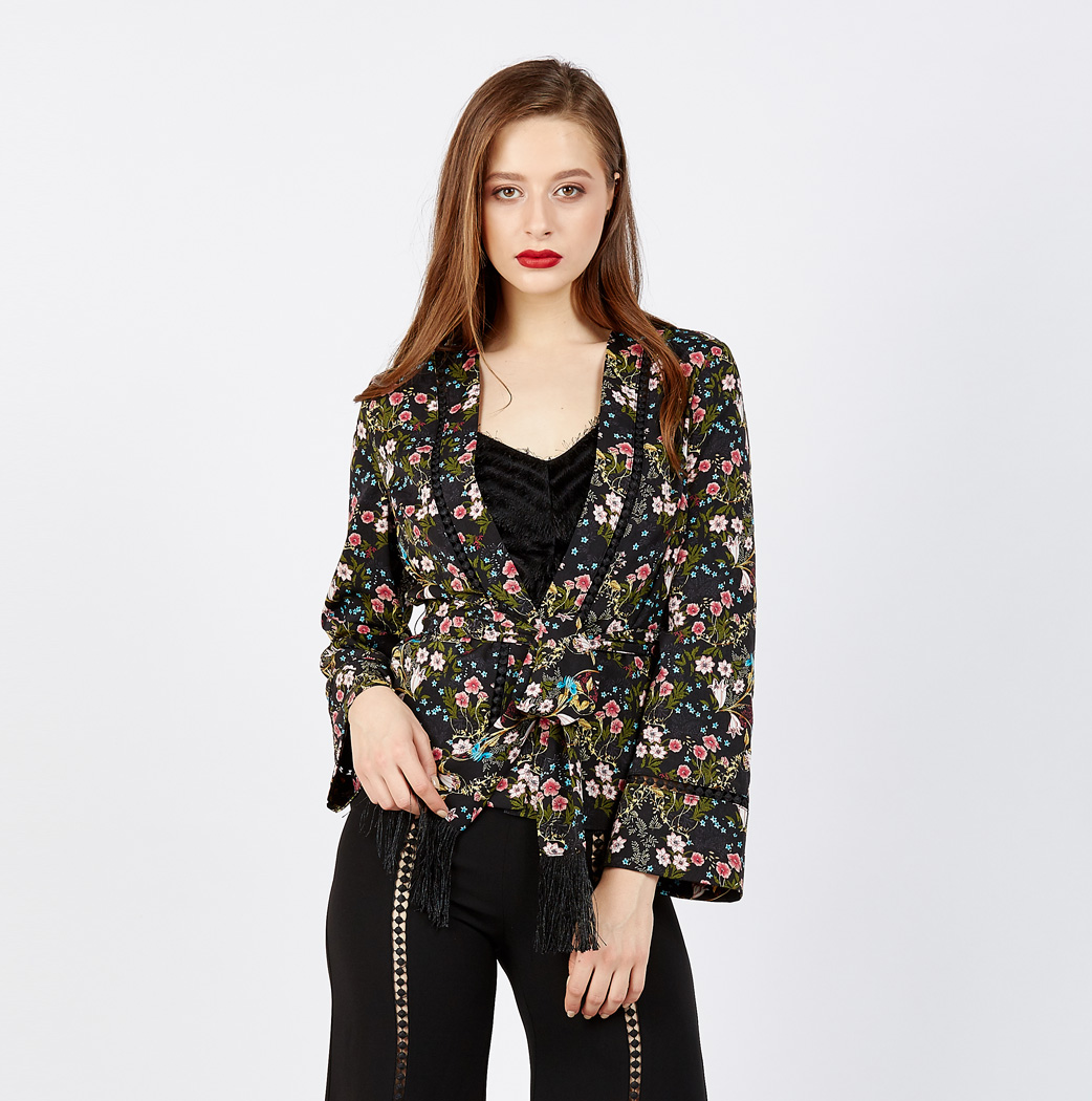 Floral Print Blazer With Lace Trim Inserts | Esmerize Boutique