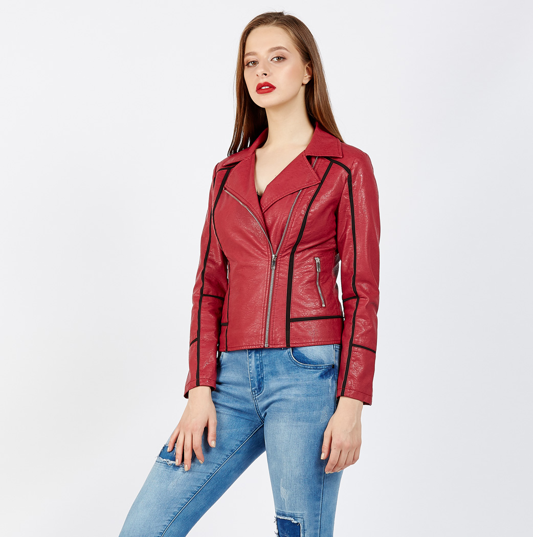 Leather Look Biker Jacket With Fabric Inserts | Esmerize Boutique