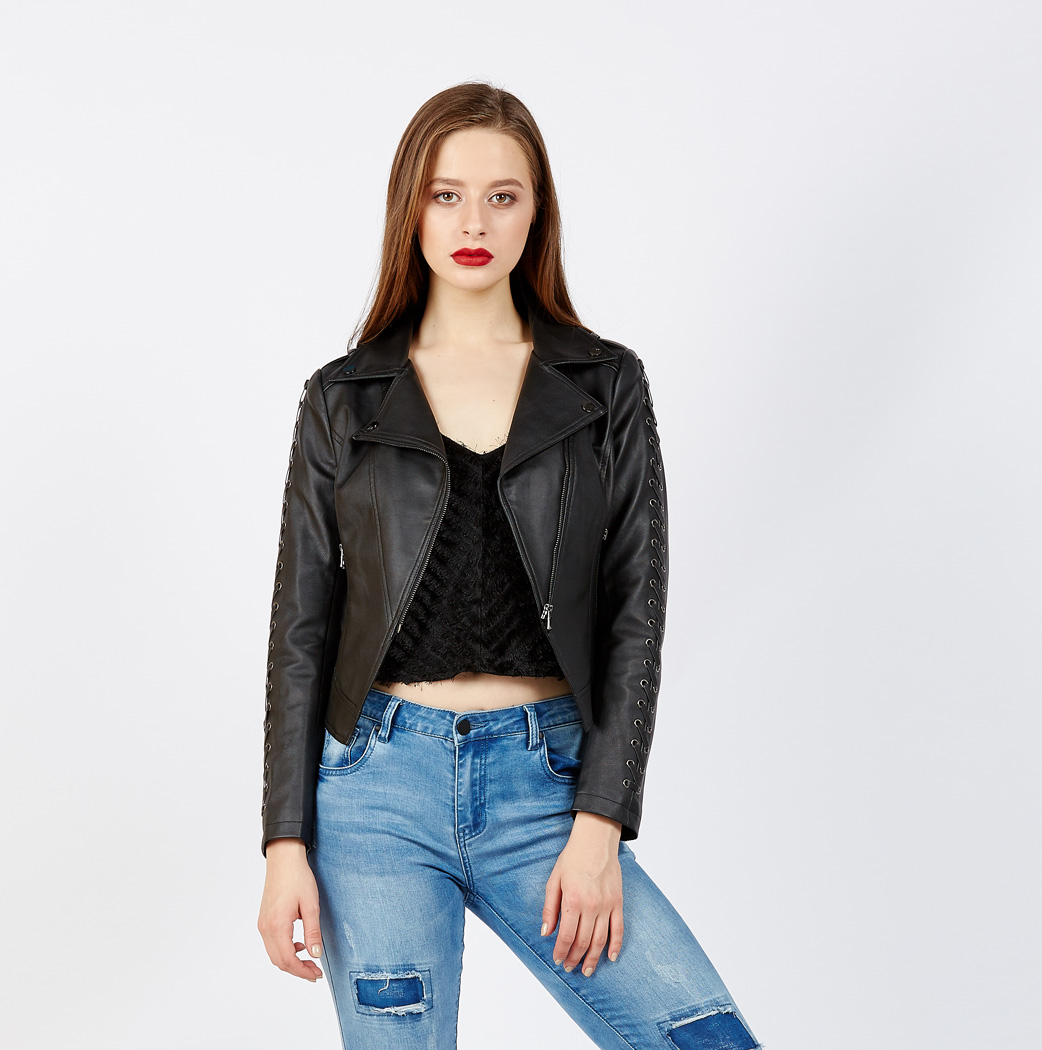 Leather Look Biker Jacket With Lace Up Sleeves | Esmerize Boutique